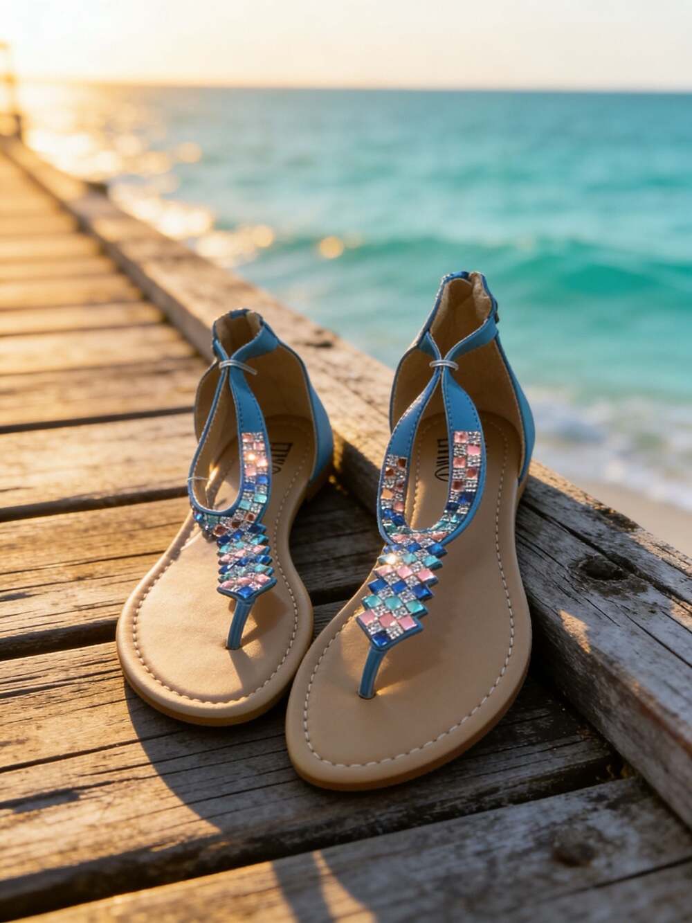 Easy USA Women's Blue Rhinestone Embellished T-Strap Flat Sandals with Back Zipp